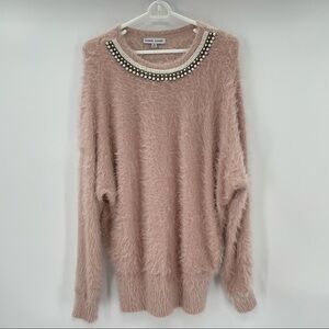 Lux Blush Shag Sweater with Jeweled Neckline